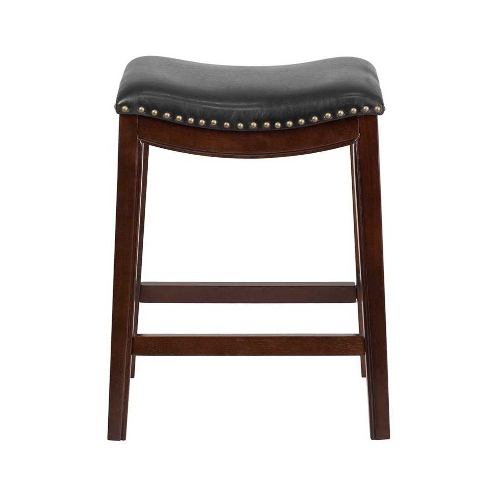 26'' High Backless Cappuccino Wood Counter Height Stool with Black LeatherSoft Saddle Seat