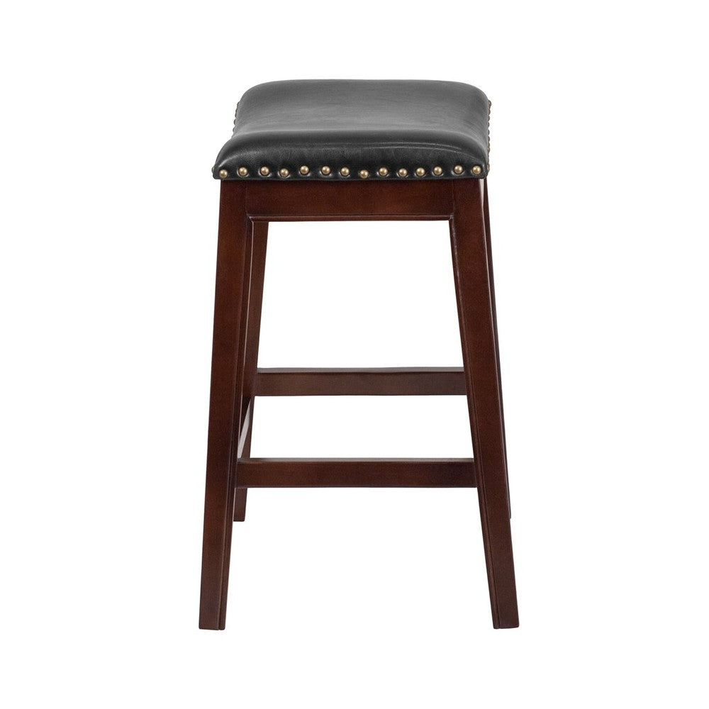 26'' High Backless Cappuccino Wood Counter Height Stool with Black LeatherSoft Saddle Seat