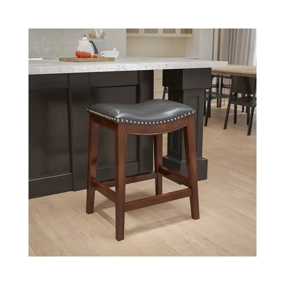 26'' High Backless Cappuccino Wood Counter Height Stool with Black LeatherSoft Saddle Seat