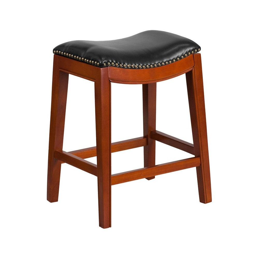 26'' High Backless Light Cherry Wood Counter Height Stool with Black LeatherSoft Saddle Seat