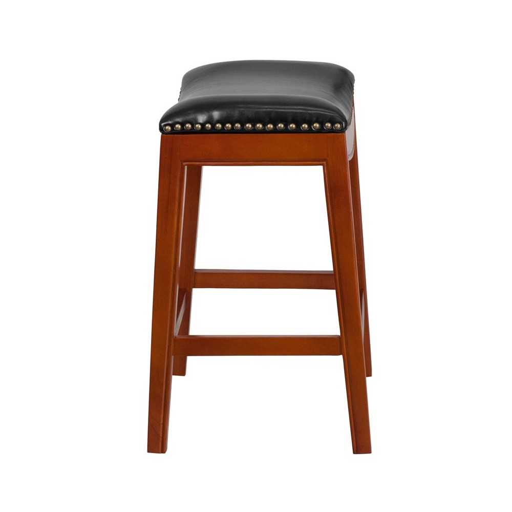 26'' High Backless Light Cherry Wood Counter Height Stool with Black LeatherSoft Saddle Seat