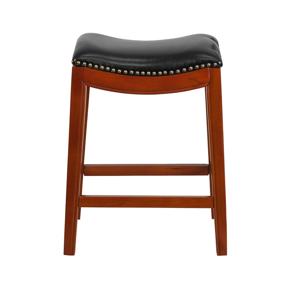 26'' High Backless Light Cherry Wood Counter Height Stool with Black LeatherSoft Saddle Seat