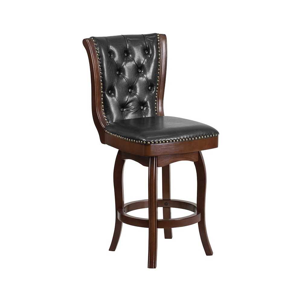 26'' High Cappuccino Wood Counter Height Stool with Button Tufted Back and Black LeatherSoft Swivel Seat