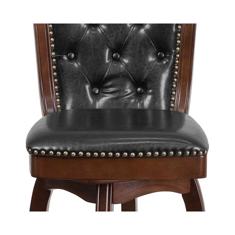 26'' High Cappuccino Wood Counter Height Stool with Button Tufted Back and Black LeatherSoft Swivel Seat