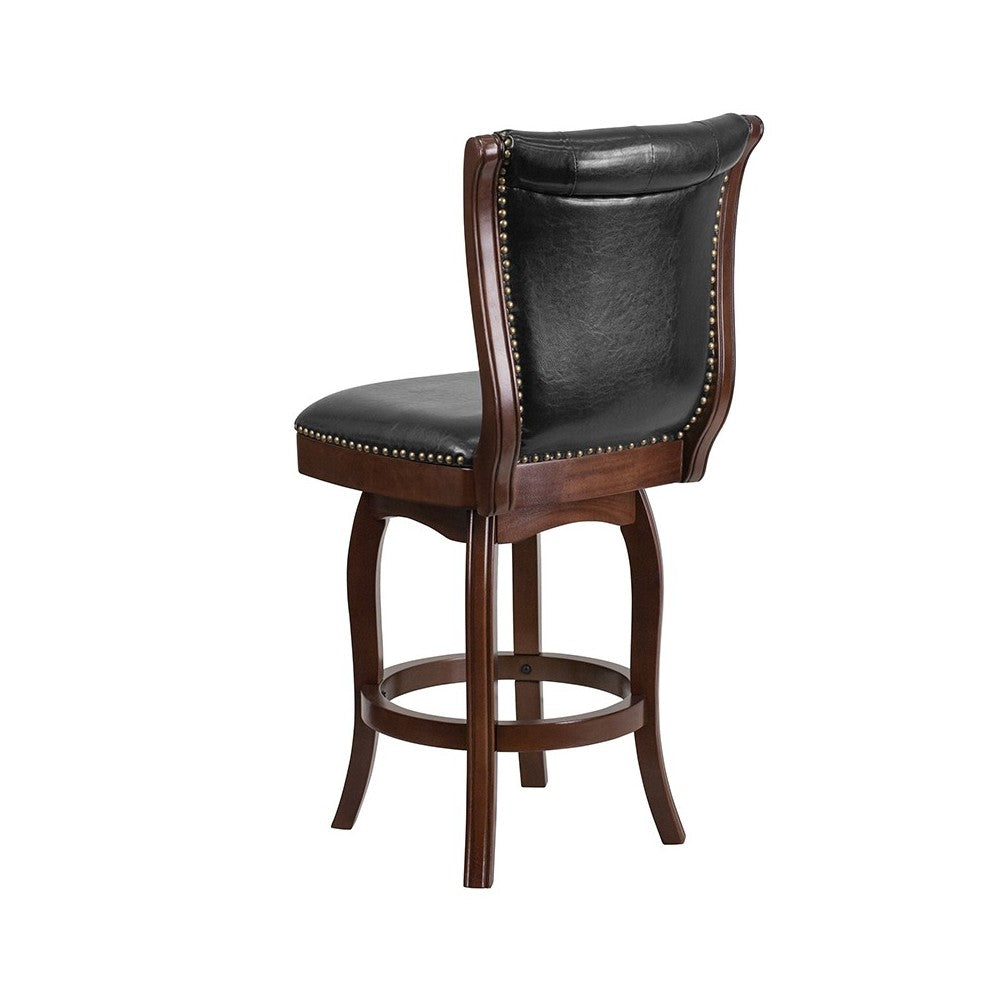 26'' High Cappuccino Wood Counter Height Stool with Button Tufted Back and Black LeatherSoft Swivel Seat