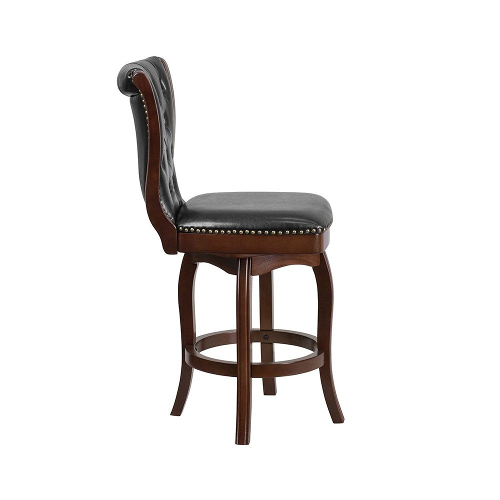 26'' High Cappuccino Wood Counter Height Stool with Button Tufted Back and Black LeatherSoft Swivel Seat