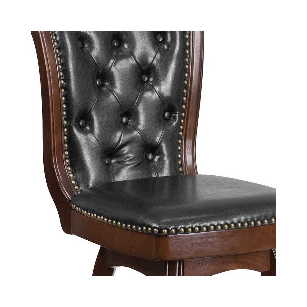 26'' High Cappuccino Wood Counter Height Stool with Button Tufted Back and Black LeatherSoft Swivel Seat