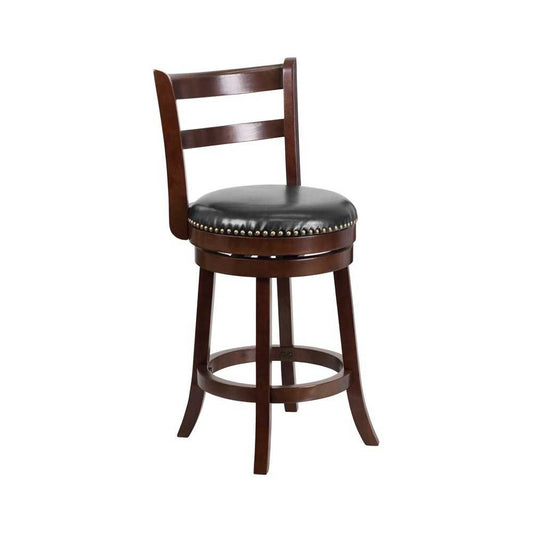 26'' High Cappuccino Wood Counter Height Stool with Single Slat Ladder Back and Black LeatherSoft Swivel Seat