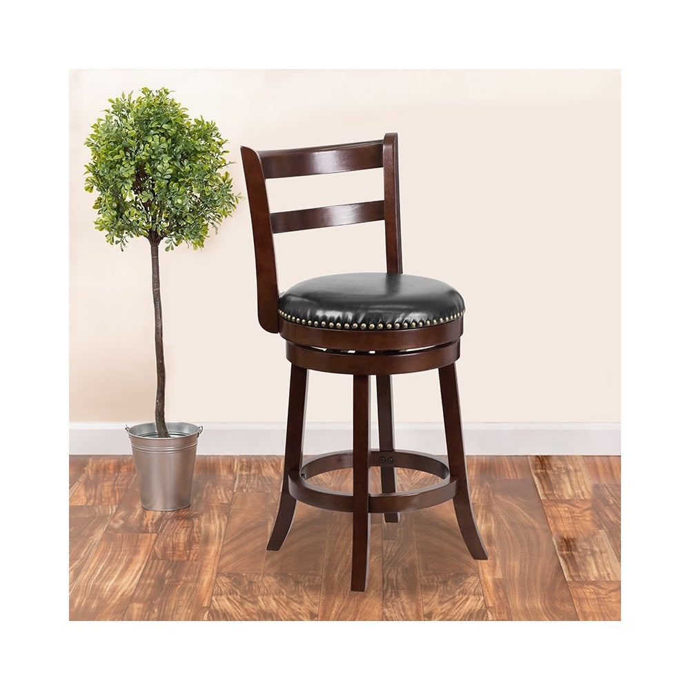 26'' High Cappuccino Wood Counter Height Stool with Single Slat Ladder Back and Black LeatherSoft Swivel Seat