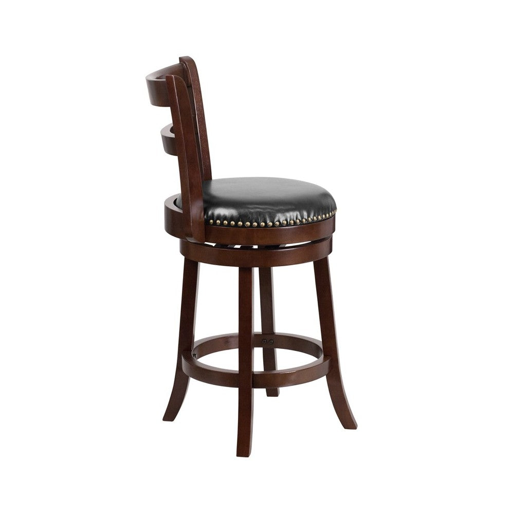 26'' High Cappuccino Wood Counter Height Stool with Single Slat Ladder Back and Black LeatherSoft Swivel Seat