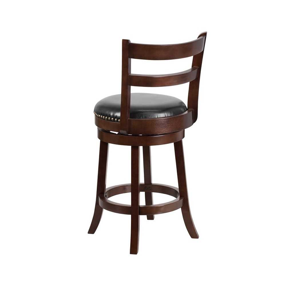 26'' High Cappuccino Wood Counter Height Stool with Single Slat Ladder Back and Black LeatherSoft Swivel Seat