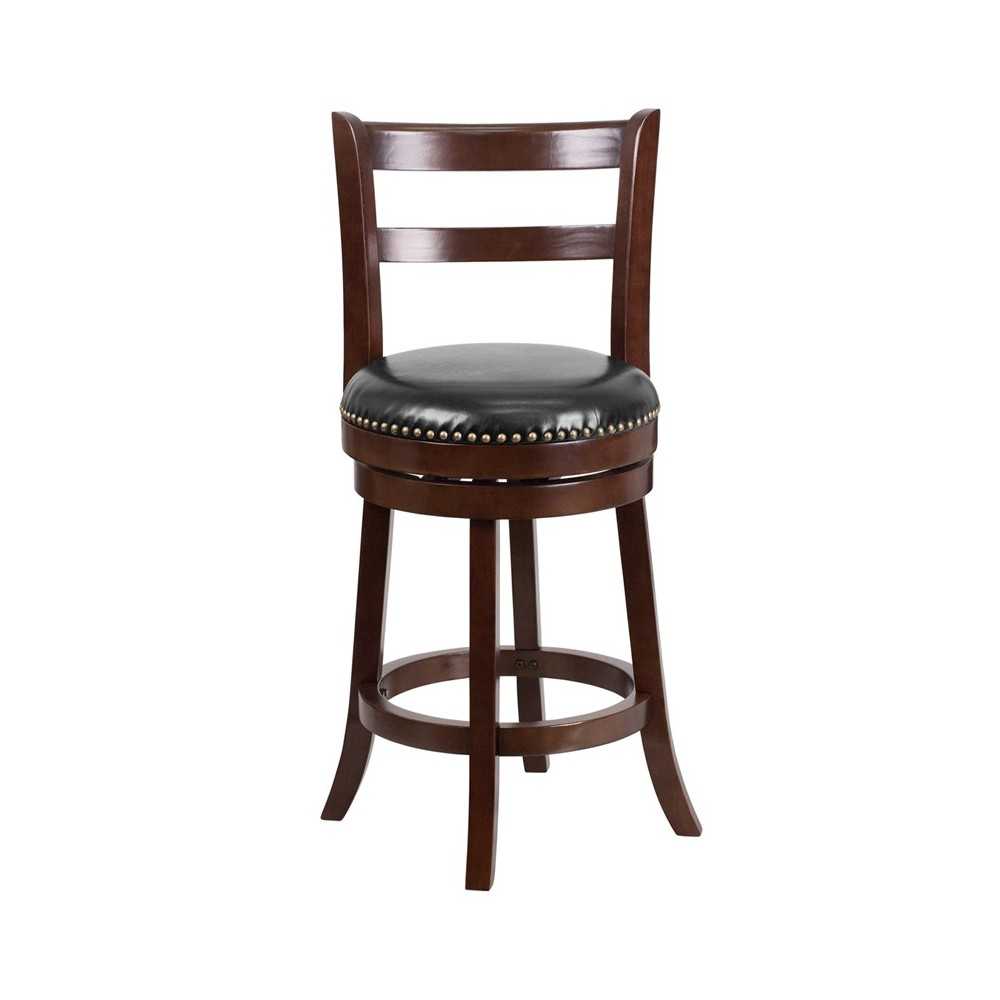 26'' High Cappuccino Wood Counter Height Stool with Single Slat Ladder Back and Black LeatherSoft Swivel Seat