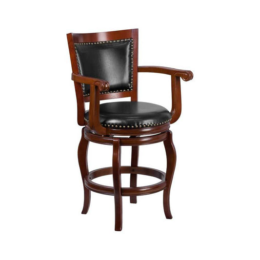 26'' High Cherry Wood Counter Height Stool with Arms, Panel Back and Black LeatherSoft Swivel Seat