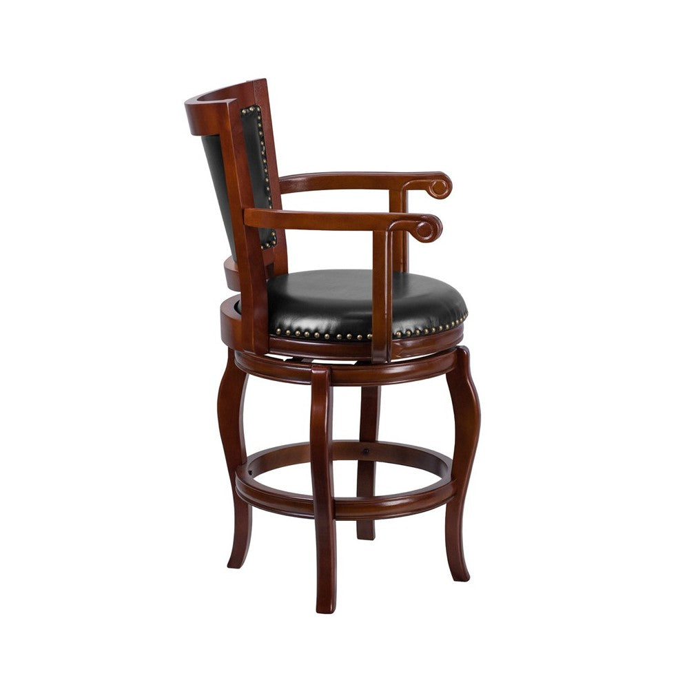 26'' High Cherry Wood Counter Height Stool with Arms, Panel Back and Black LeatherSoft Swivel Seat