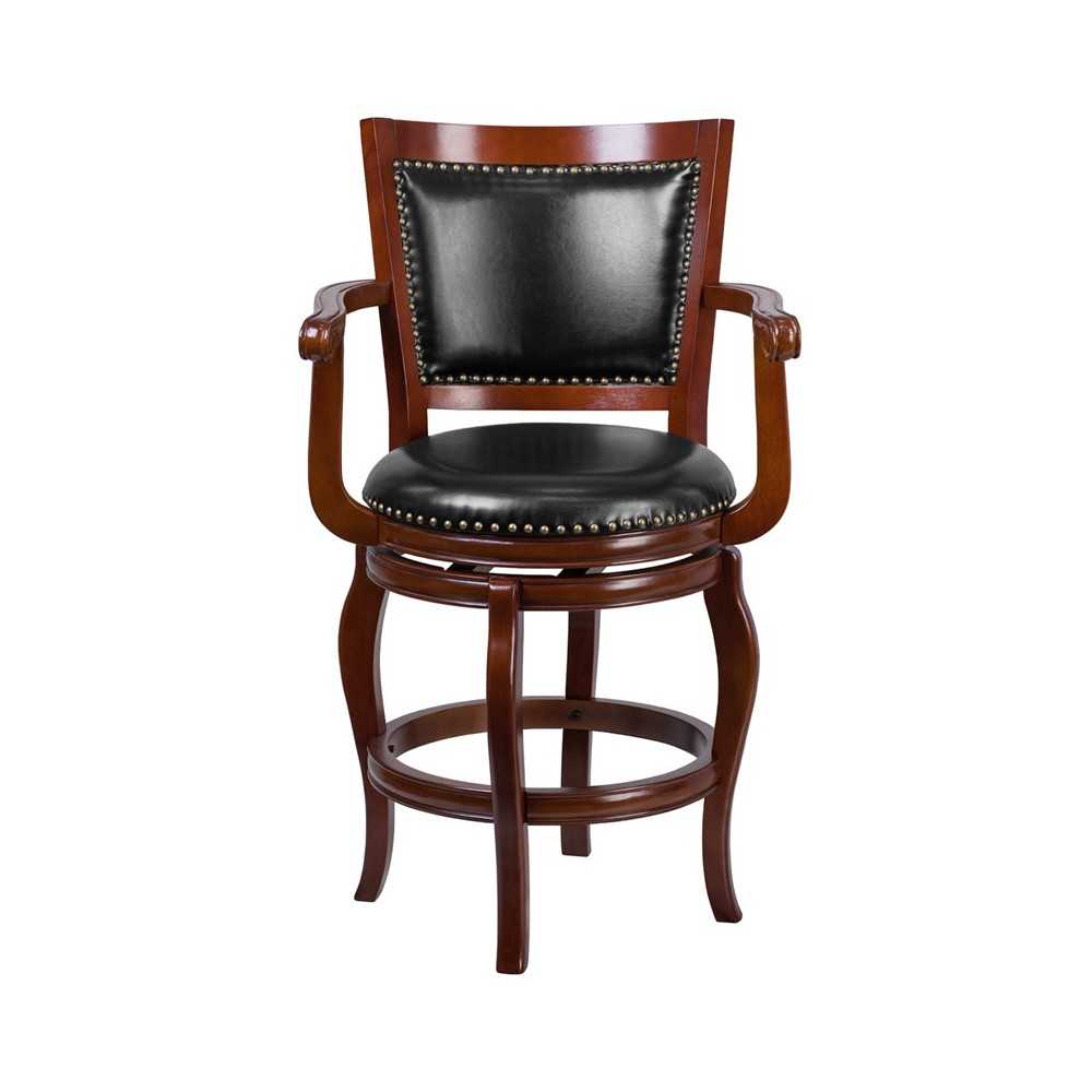 26'' High Cherry Wood Counter Height Stool with Arms, Panel Back and Black LeatherSoft Swivel Seat