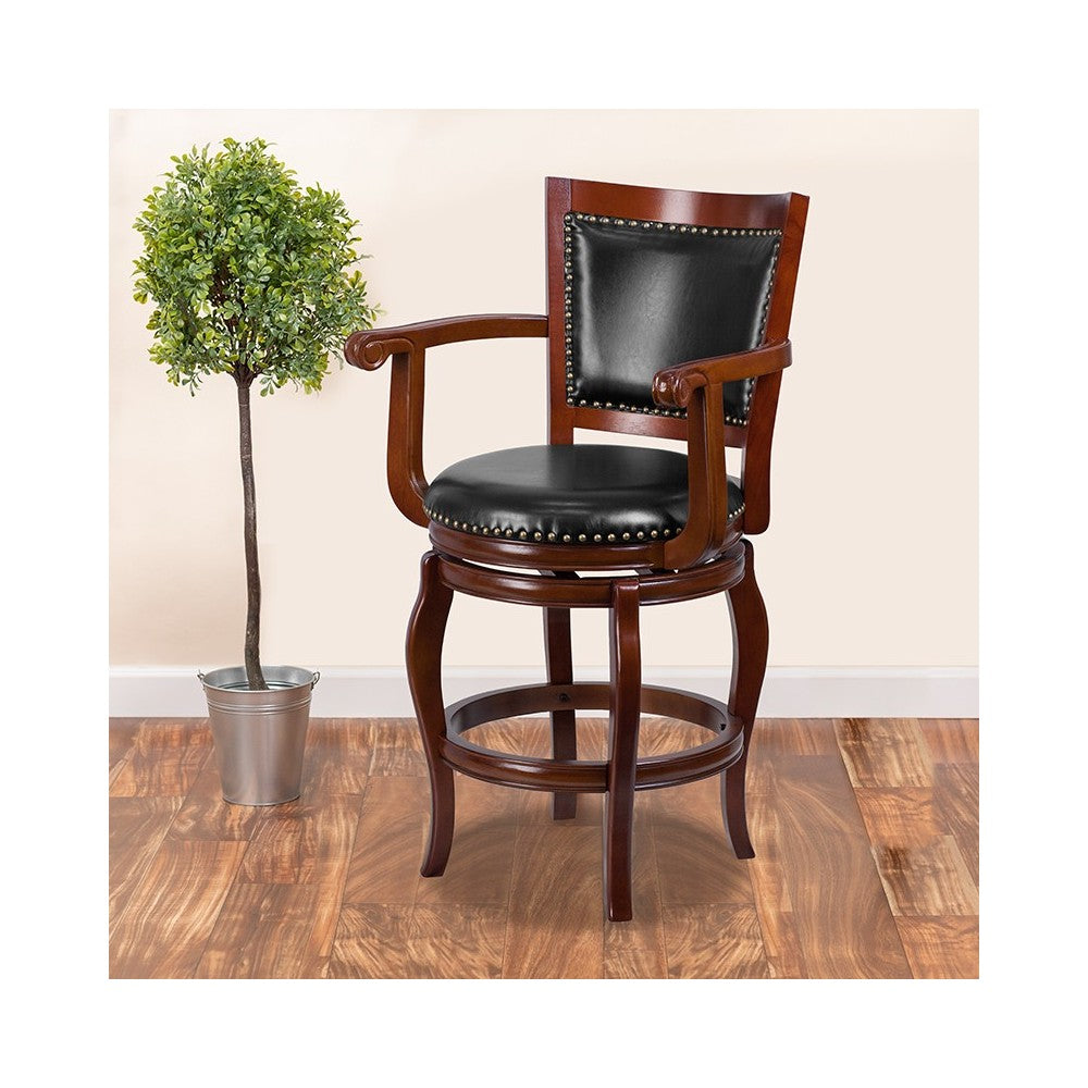 26'' High Cherry Wood Counter Height Stool with Arms, Panel Back and Black LeatherSoft Swivel Seat