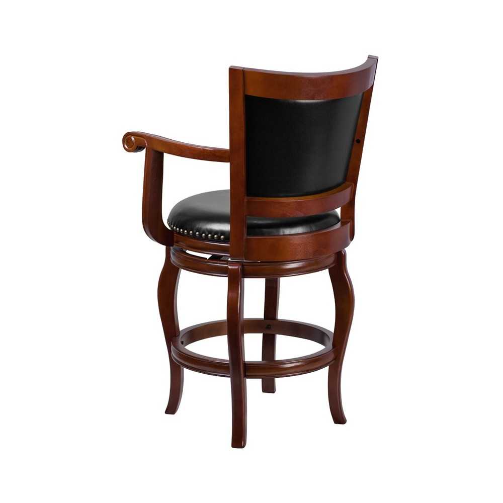 26'' High Cherry Wood Counter Height Stool with Arms, Panel Back and Black LeatherSoft Swivel Seat