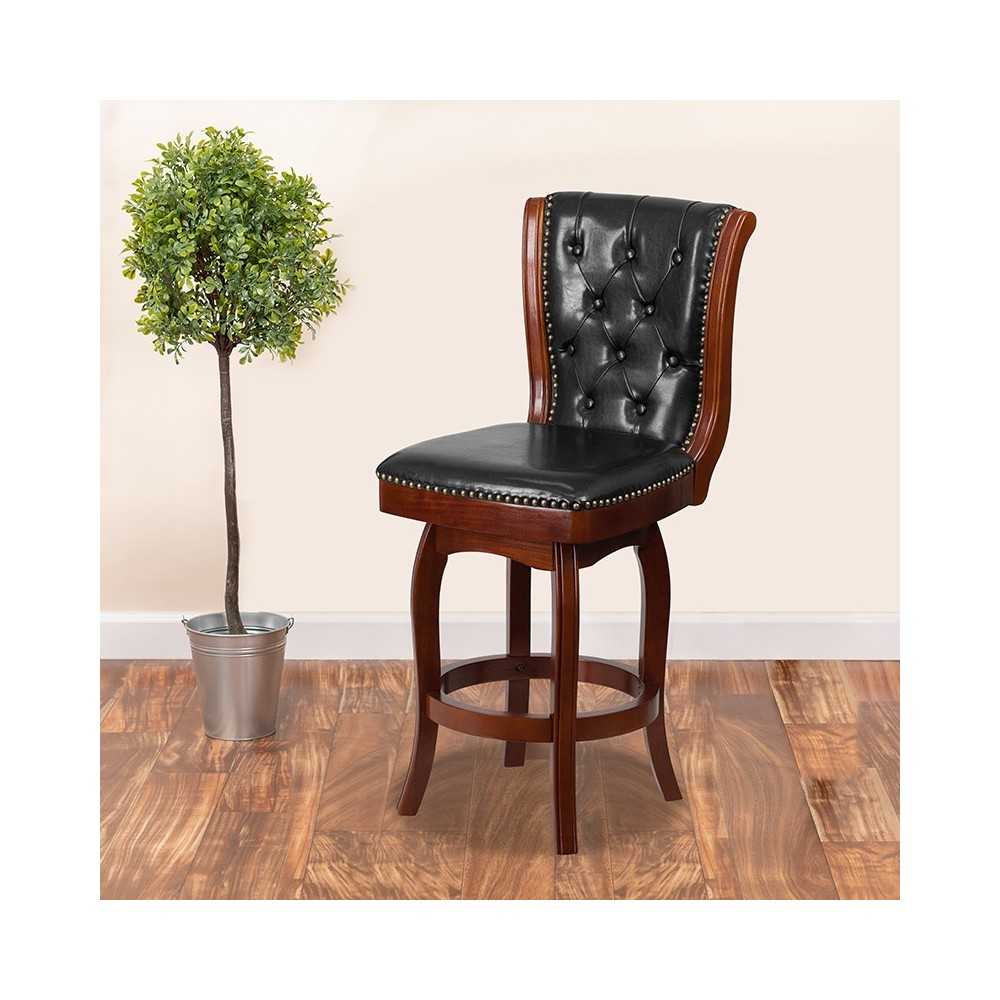 26'' High Cherry Wood Counter Height Stool with Button Tufted Back and Black LeatherSoft Swivel Seat