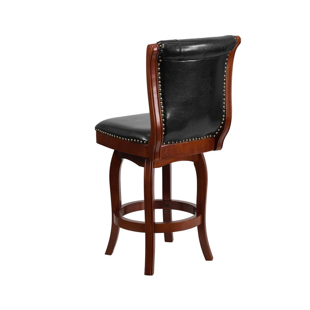 26'' High Cherry Wood Counter Height Stool with Button Tufted Back and Black LeatherSoft Swivel Seat