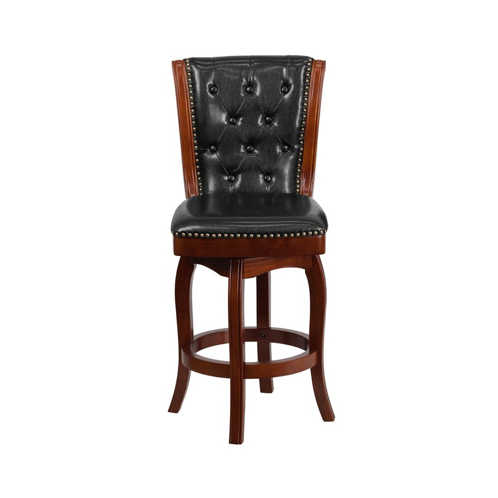 26'' High Cherry Wood Counter Height Stool with Button Tufted Back and Black LeatherSoft Swivel Seat