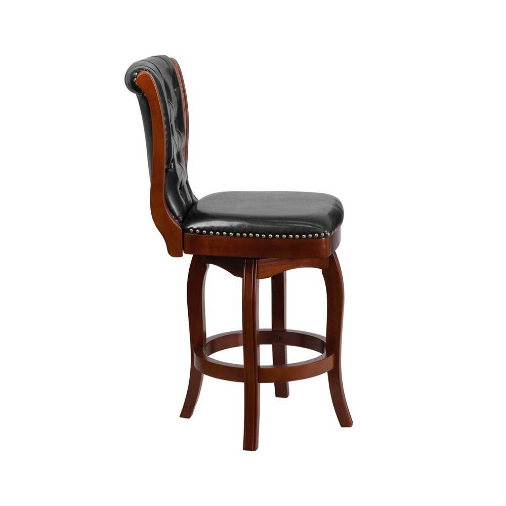 26'' High Cherry Wood Counter Height Stool with Button Tufted Back and Black LeatherSoft Swivel Seat