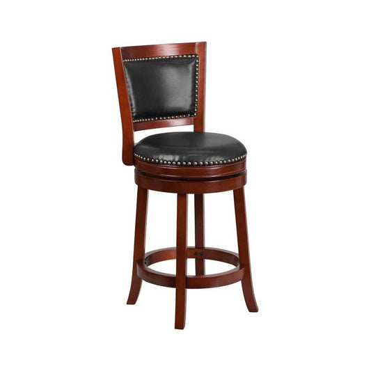 26'' High Dark Cherry Wood Counter Height Stool with Open Panel Back and Walnut LeatherSoft Swivel Seat