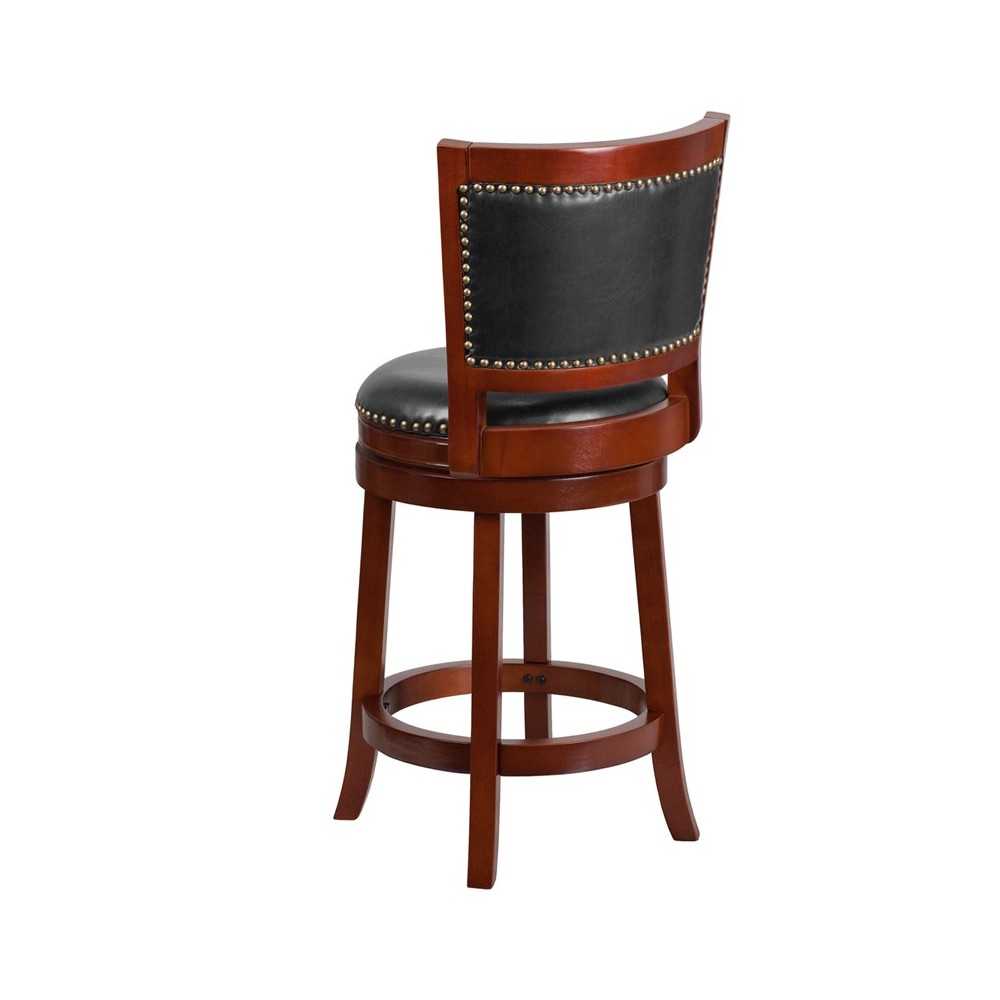 26'' High Dark Cherry Wood Counter Height Stool with Open Panel Back and Walnut LeatherSoft Swivel Seat