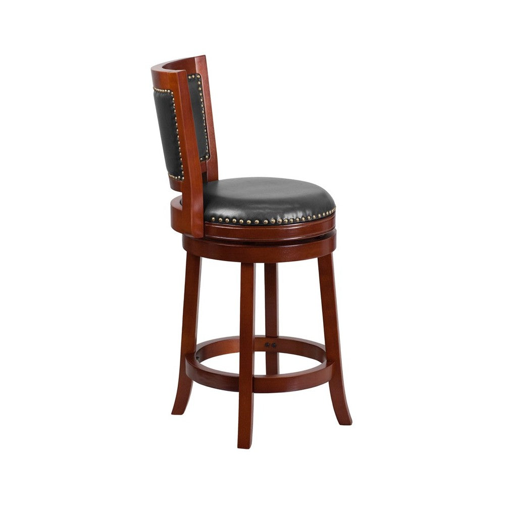 26'' High Dark Cherry Wood Counter Height Stool with Open Panel Back and Walnut LeatherSoft Swivel Seat