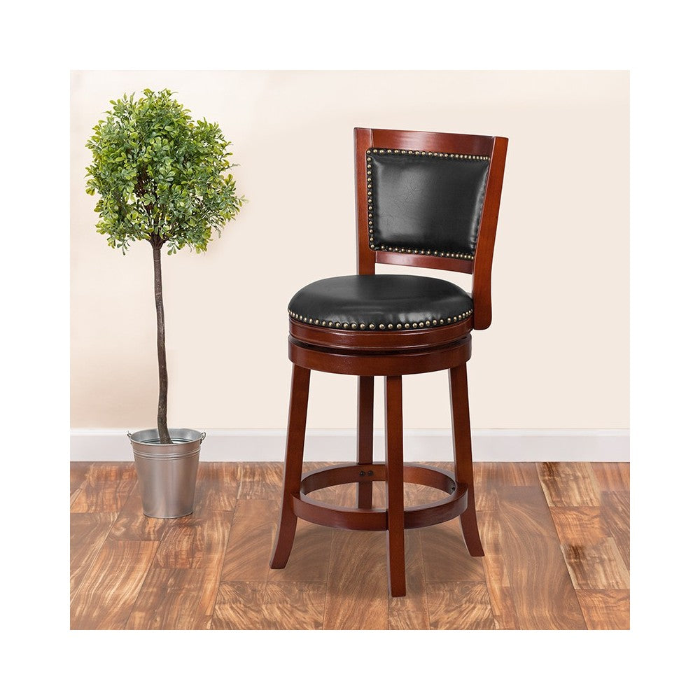 26'' High Dark Cherry Wood Counter Height Stool with Open Panel Back and Walnut LeatherSoft Swivel Seat