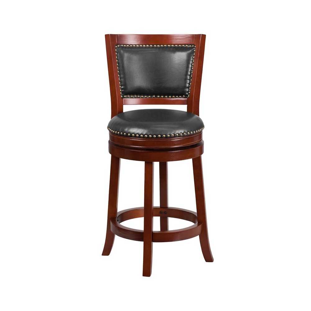 26'' High Dark Cherry Wood Counter Height Stool with Open Panel Back and Walnut LeatherSoft Swivel Seat