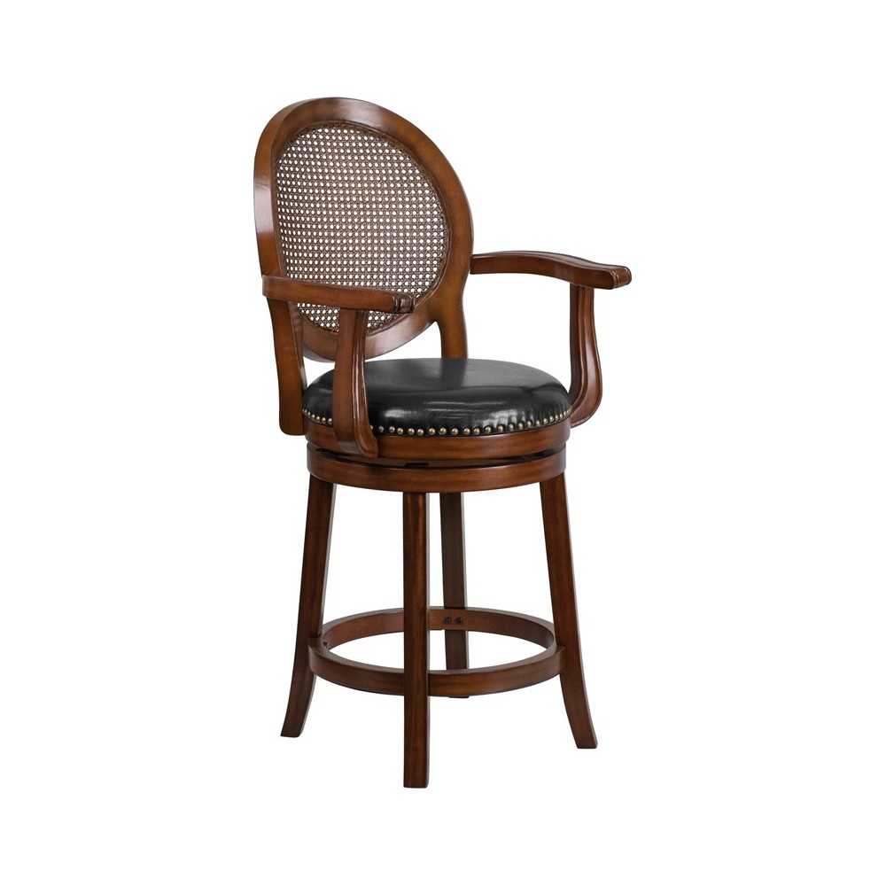 26'' High Expresso Wood Counter Height Stool with Arms, Woven Rattan Back and Black LeatherSoft Swivel Seat