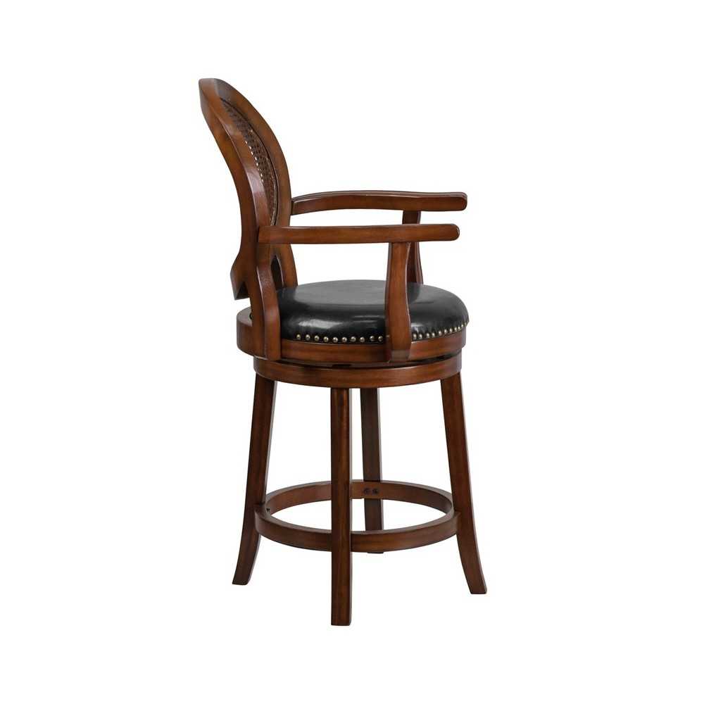 26'' High Expresso Wood Counter Height Stool with Arms, Woven Rattan Back and Black LeatherSoft Swivel Seat