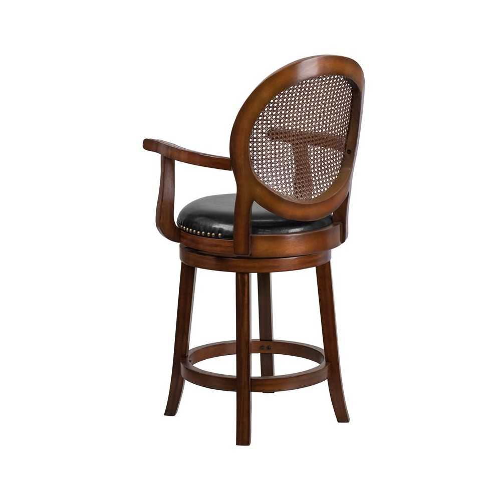 26'' High Expresso Wood Counter Height Stool with Arms, Woven Rattan Back and Black LeatherSoft Swivel Seat