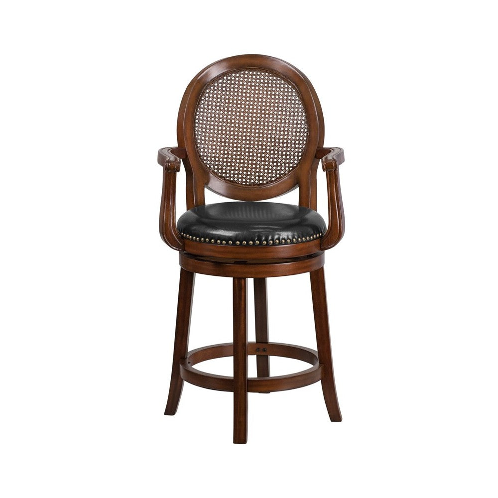 26'' High Expresso Wood Counter Height Stool with Arms, Woven Rattan Back and Black LeatherSoft Swivel Seat