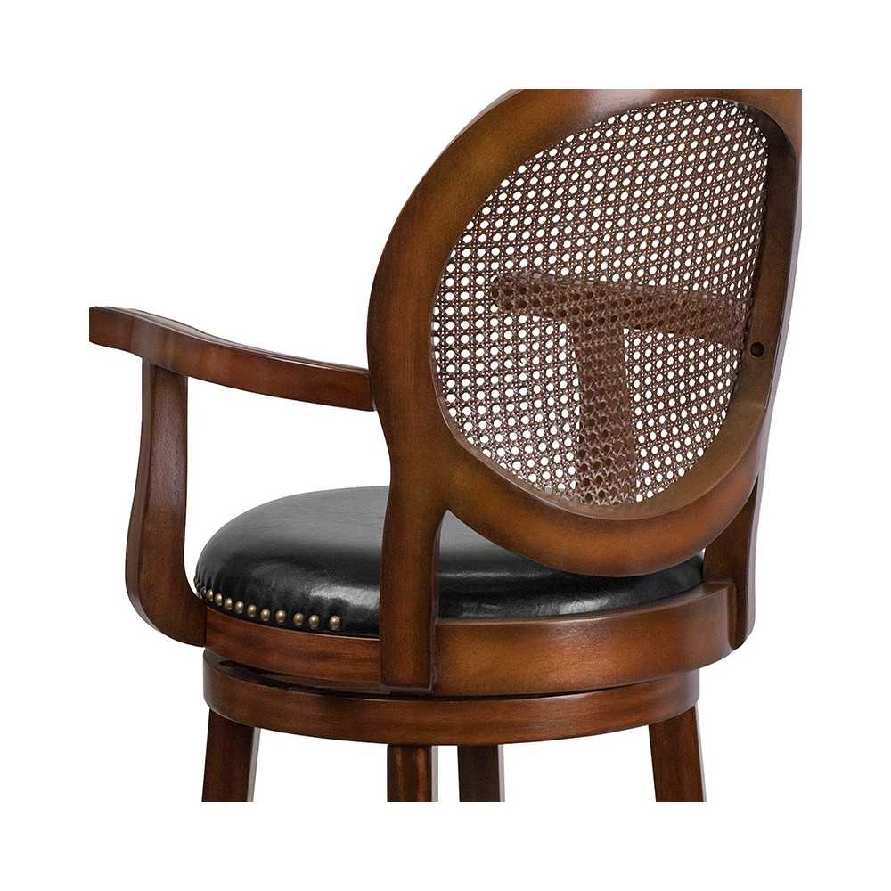 26'' High Expresso Wood Counter Height Stool with Arms, Woven Rattan Back and Black LeatherSoft Swivel Seat