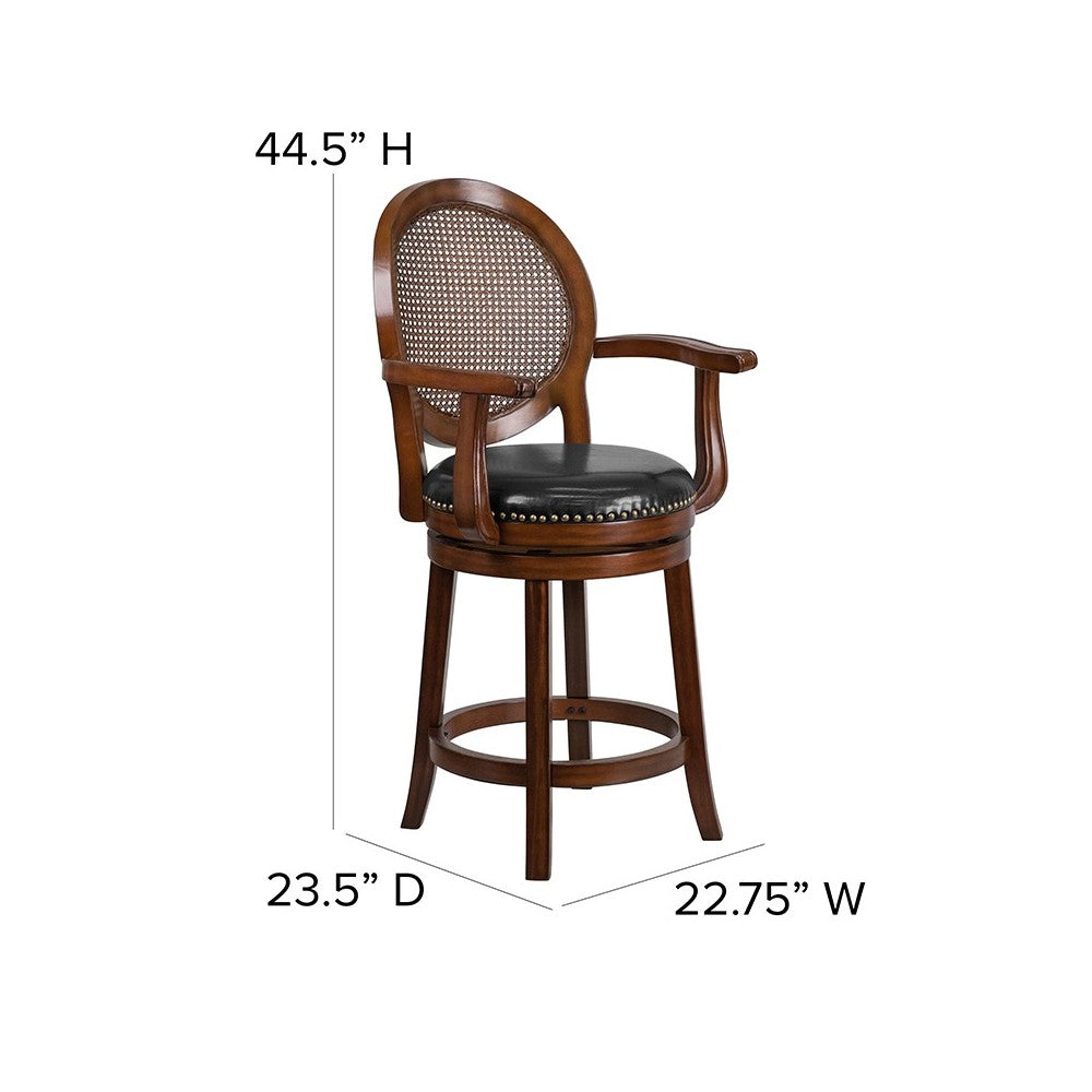 26'' High Expresso Wood Counter Height Stool with Arms, Woven Rattan Back and Black LeatherSoft Swivel Seat