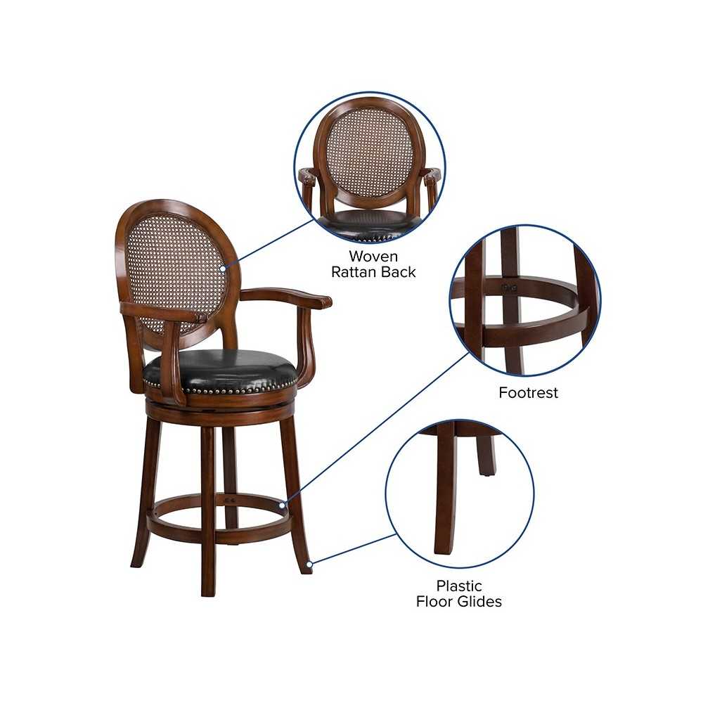 26'' High Expresso Wood Counter Height Stool with Arms, Woven Rattan Back and Black LeatherSoft Swivel Seat