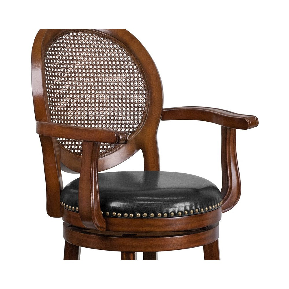 26'' High Expresso Wood Counter Height Stool with Arms, Woven Rattan Back and Black LeatherSoft Swivel Seat