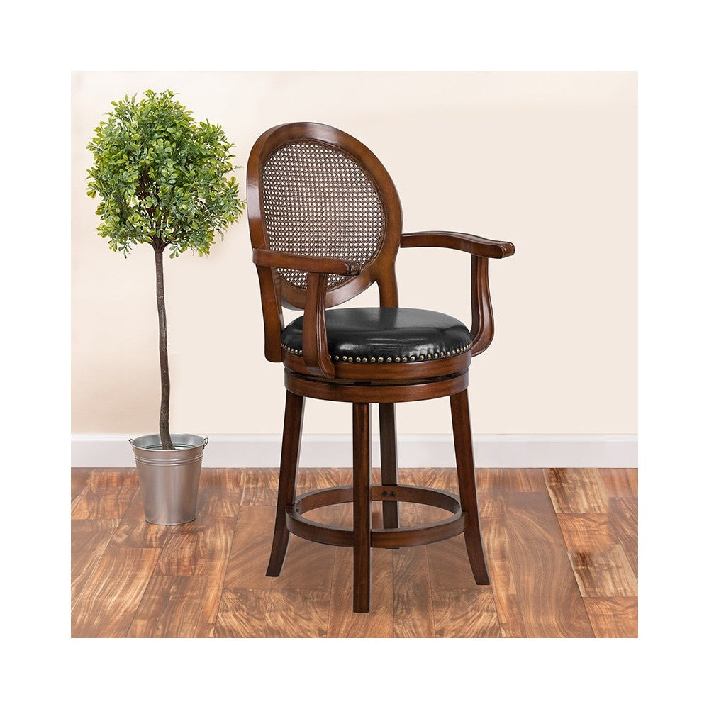 26'' High Expresso Wood Counter Height Stool with Arms, Woven Rattan Back and Black LeatherSoft Swivel Seat