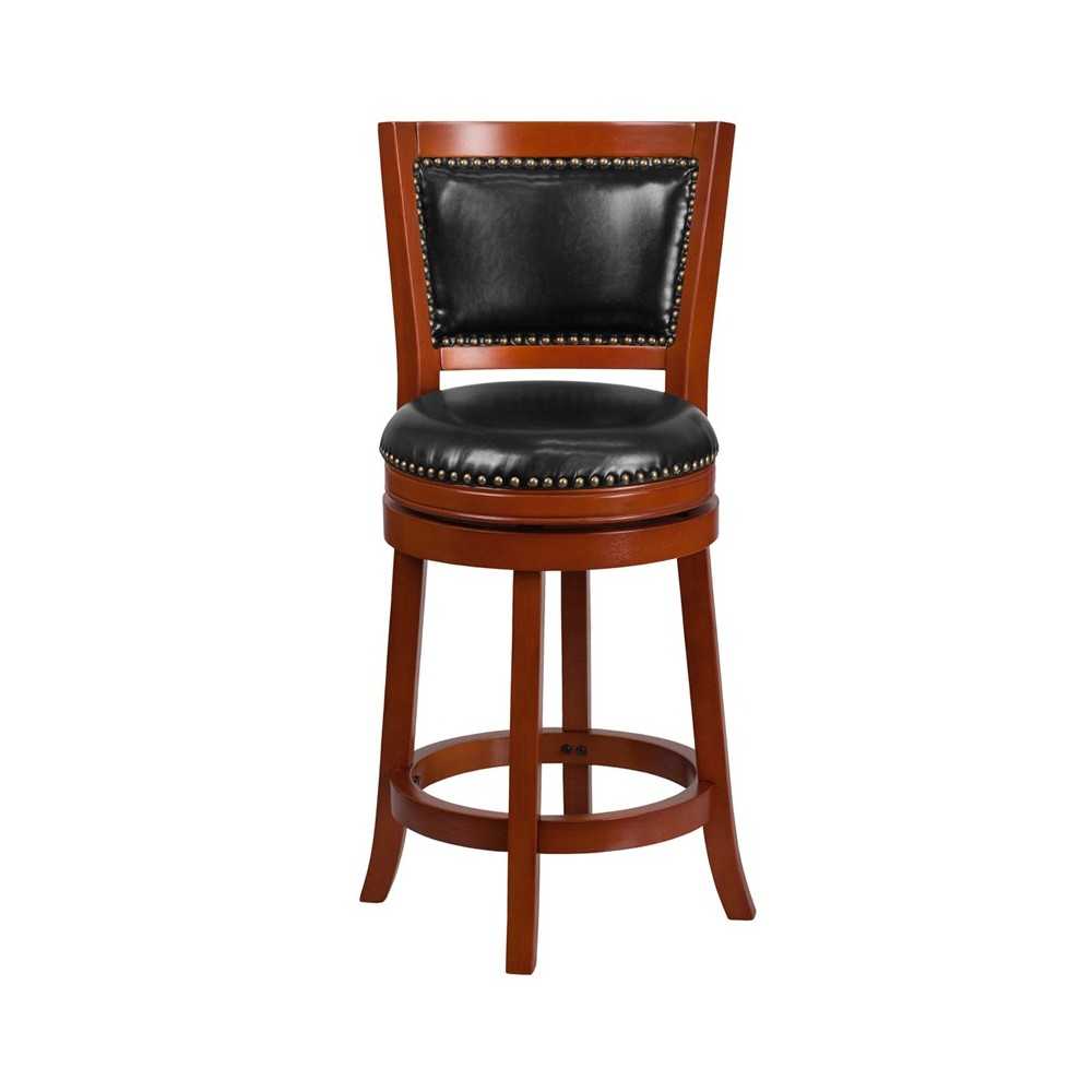 26'' High Light Cherry Wood Counter Height Stool with Open Panel Back and Black LeatherSoft Swivel Seat