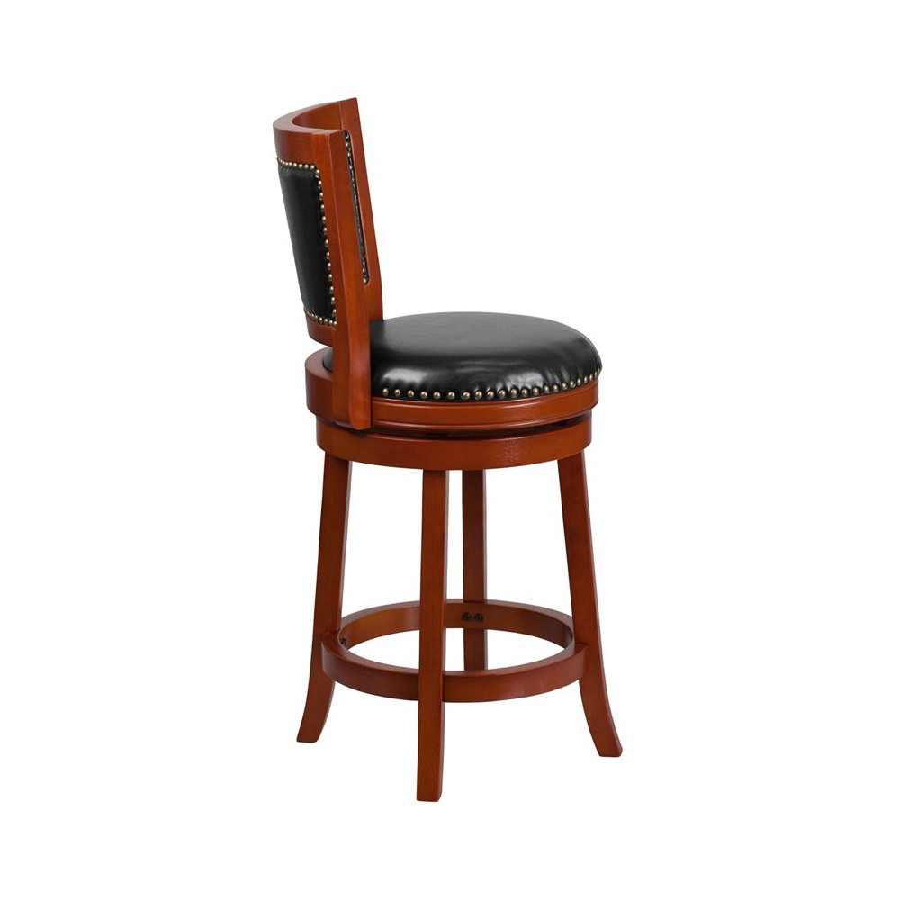 26'' High Light Cherry Wood Counter Height Stool with Open Panel Back and Black LeatherSoft Swivel Seat