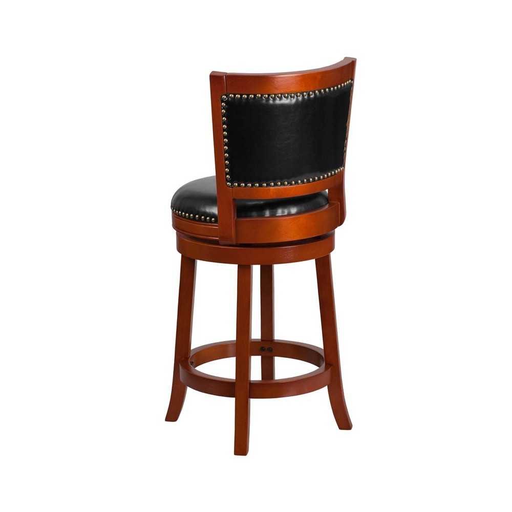 26'' High Light Cherry Wood Counter Height Stool with Open Panel Back and Black LeatherSoft Swivel Seat