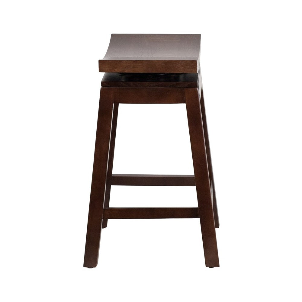 26'' High Saddle Seat Cappuccino Wood Counter Height Stool with Auto Swivel Seat Return