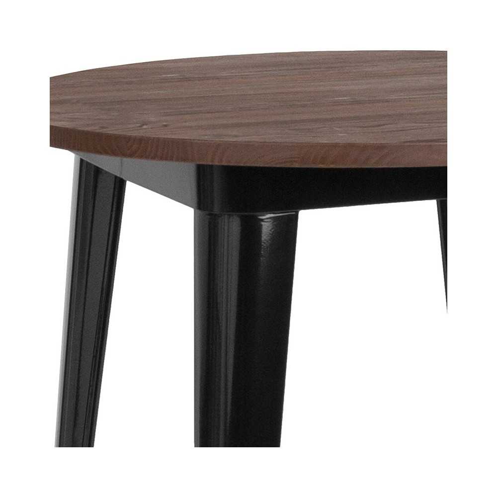 26" Round Black Metal Indoor Table with Walnut Rustic Wood Top