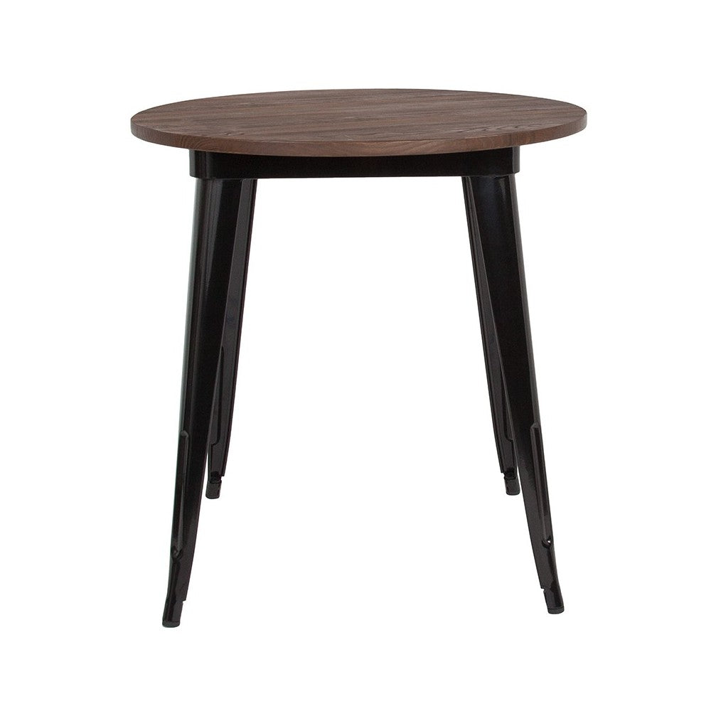 26" Round Black Metal Indoor Table with Walnut Rustic Wood Top