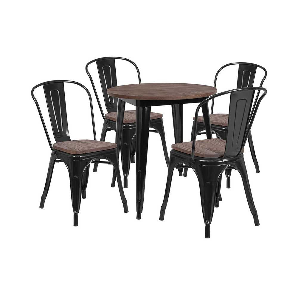 26" Round Black Metal Table Set with Wood Top and 4 Stack Chairs