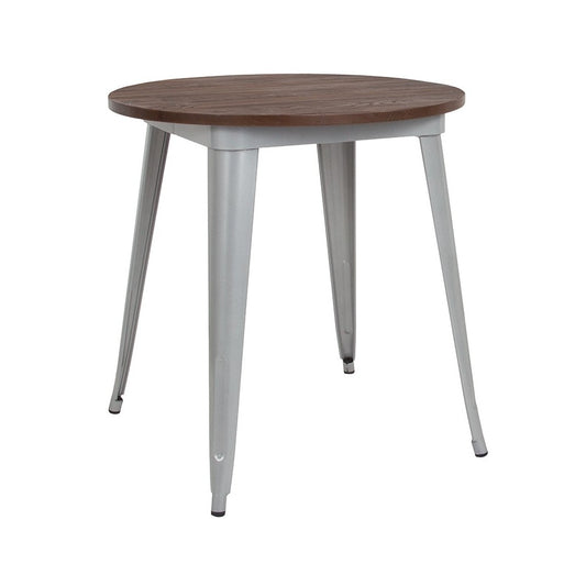 26" Round Silver Metal Indoor Table with Walnut Rustic Wood Top