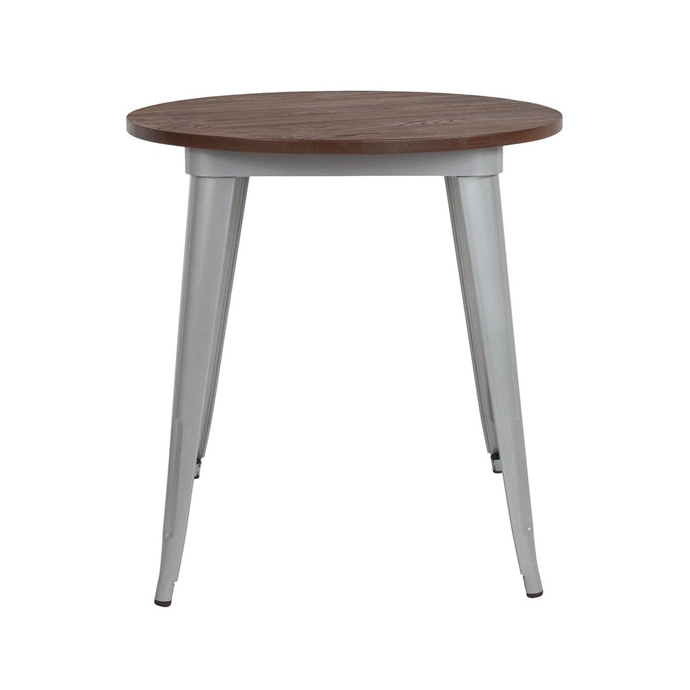 26" Round Silver Metal Indoor Table with Walnut Rustic Wood Top