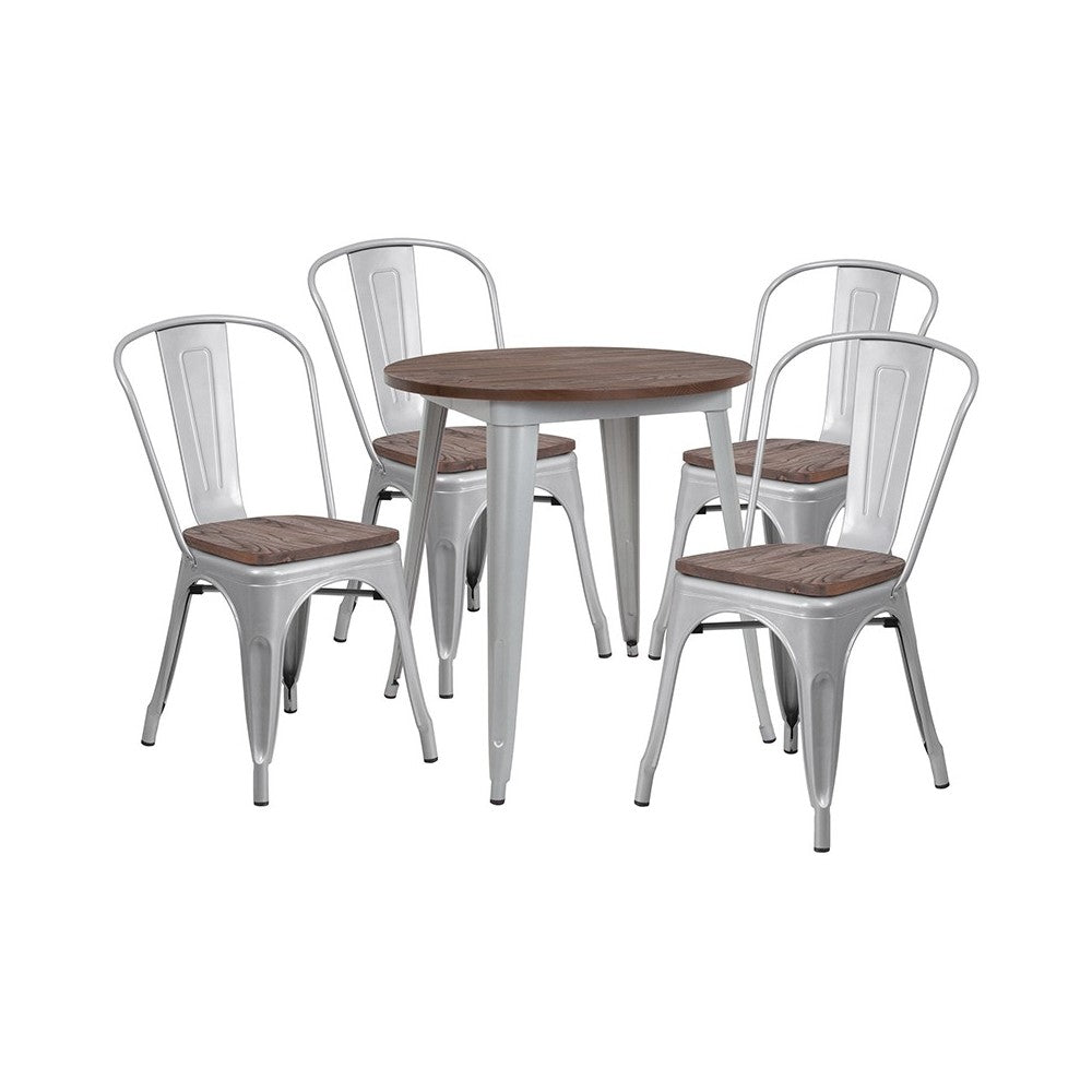 26" Round Silver Metal Table Set with Wood Top and 4 Stack Chairs