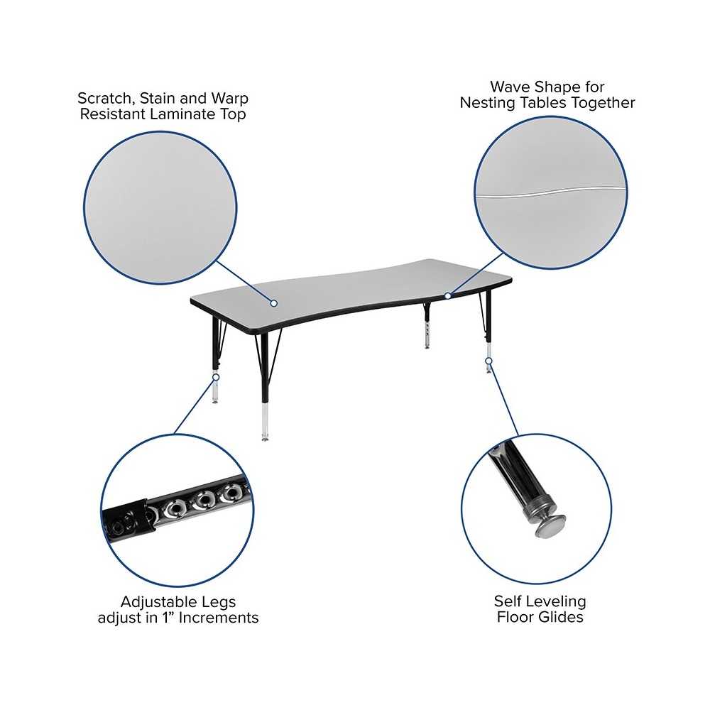 26"W x 60"L Rectangular Wave Collaborative Gray Thermal Laminate Activity Table - Height Adjustable Short Legs